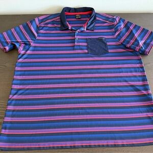 Oakley Men's Striped Polo Shirt - Navy with Pink & Purple Stripes. Size XXL